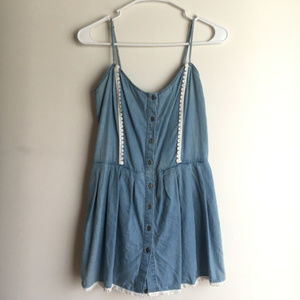Blue Denim Crochet Trim Romper Dress